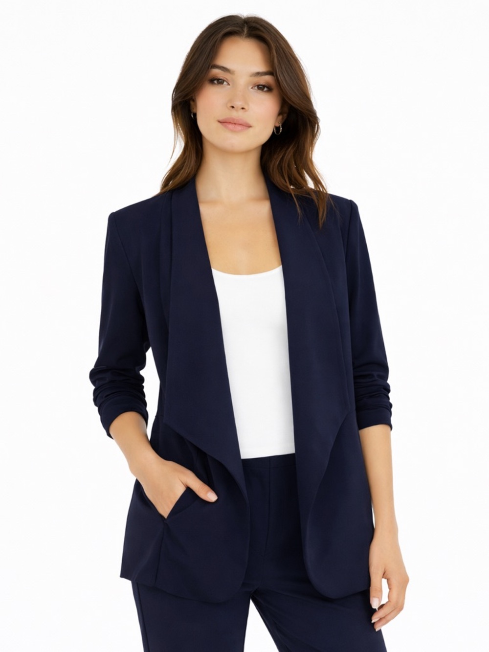 T Tahari XL Navy Blue Ruched 3/4 Sleeve Open Front Career Office Blazer NWT